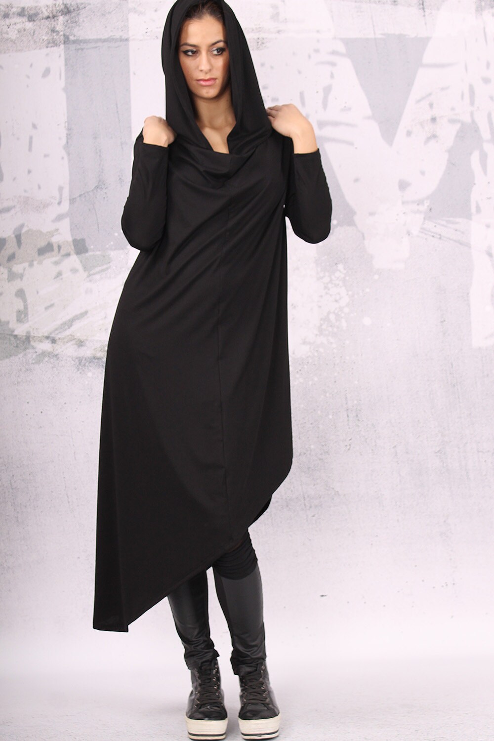 Black Extravagant Asymmetrical Loose Tunic Dress Hooded - Etsy
