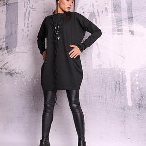 Black blouse with long sleeves, black tunic, black top, loose top, long tunic - UM-051-PU