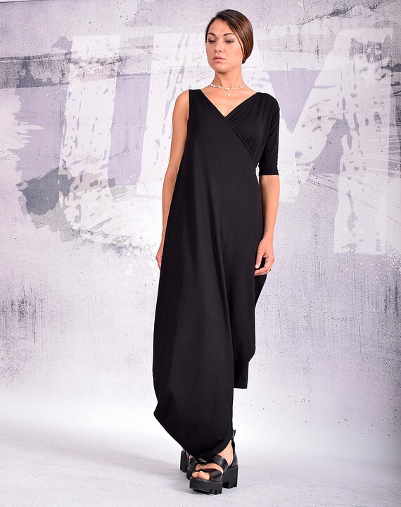baggy formal dress Black Asymmetric One-Shoulder Cotton Summer Dress