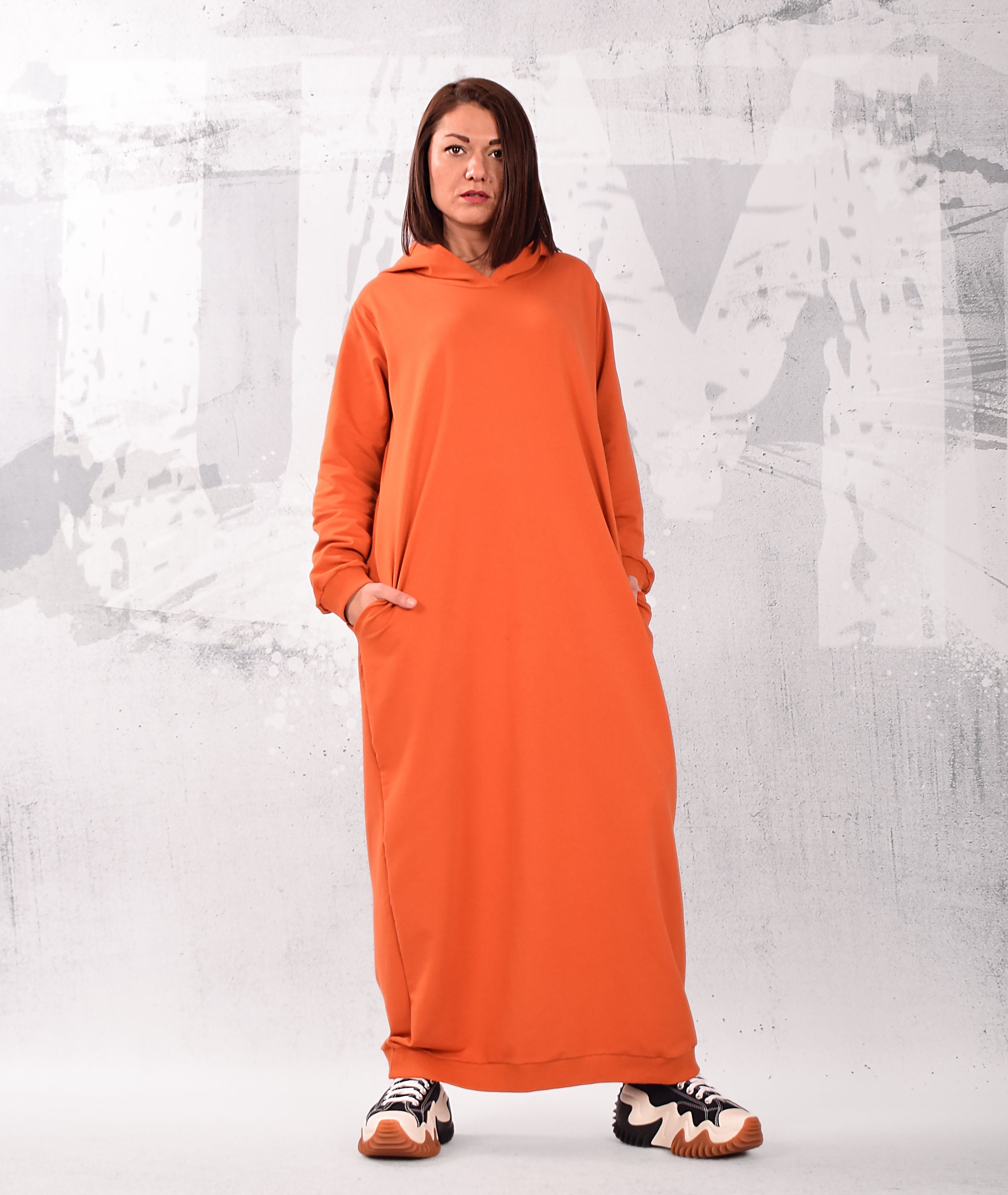 スカート Off-White Long hooded dress White Hoodie Sweatshirt Dress, Winter Hooded Dress, Winter