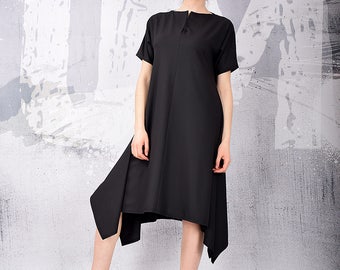 Black dress. Midi dress. Knee length dress. Party dress. Casual Dress. A line dress. Asymmetric Dress. Short sleeves Dress urbanmood UM125VL