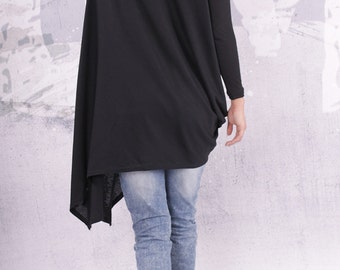 Loose Tunic, Plus size top, Oversize black tunic, Asymmetric tunic, Long sleeves tunic, Long tunic, Wide Tunic, Urbanmood - UM-F003-FL