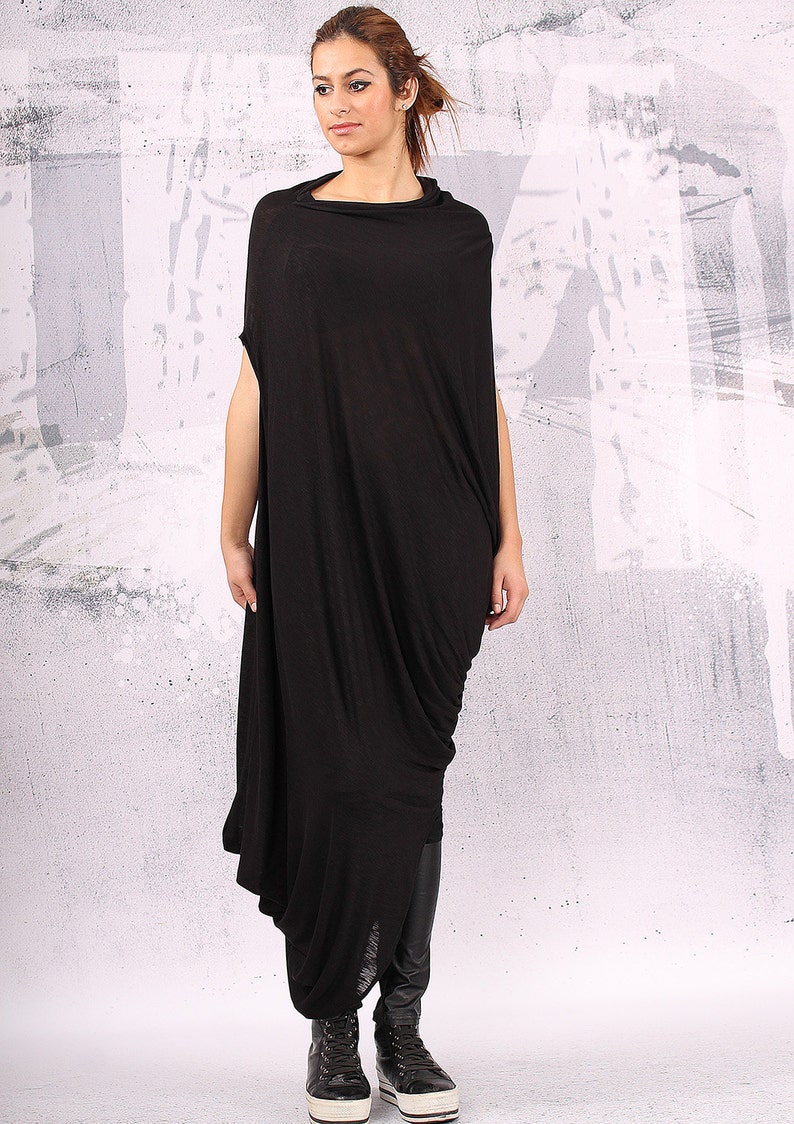 Black Woman Tunic, Asymmetric Extravagant Top, Long Sleeve Blouse, Oversized Maxi Tunic, Cape Plus Size Lady Fashion
