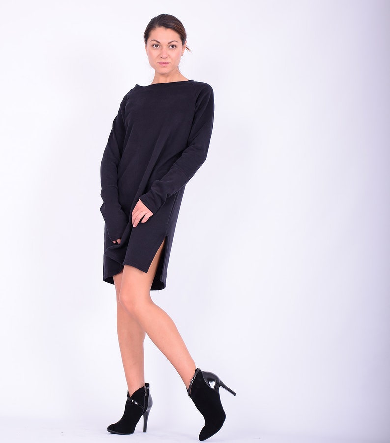 Black mini dress, Sweatshirt dress, Sweaterdress,Long sleeved dress,Quilted cotton dress, Mini cotton dress, Mini dress, Casual dress, 272QC image 8