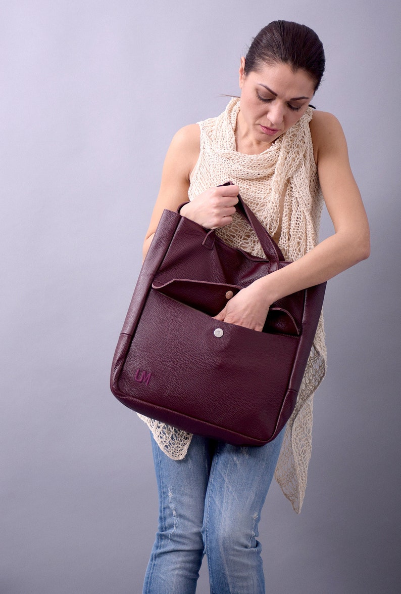 New,Red Wine bag,Genuine leather bag,burgundy bag, Large tote bag,Large tote, Leather tote, Tote bag, high quality bag,leather purse,B003RW image 3