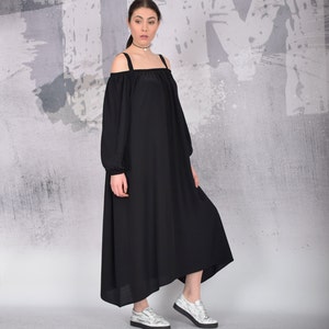 Black Maxi Dress. Long loose dress. Bare shoulders dress. Long sleeved dress. Sleeveless dress. By UrbanMood UM-100-VC