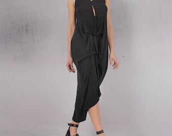 Frauen Kleid, Schwarzes Asymmetrisches Kleid, Maxi Kleid, Langes Kleid, Ärmelloses Kleid, Maßgeschneidertes Kleid, Sommerkleid, Party Kleid TA-024-PT