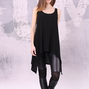 Asymmetrical black top. Sleeveless tunic top. Loose tunic. Tank top.Black tank top.Jersey top. Summer top.Long top.Tank tunic tops.UM-022-VL