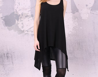 Asymmetrical black top,sleeveless tunic top, loose tunic, tank top,black tank top,jersey top,summer top,long top,tank tunic,tops - UM-022-VL