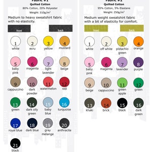 May include: A color chart showing 21 different fabric colors for quilting cotton. The chart is divided into two sections, labeled "Fabric #1" and "Fabric #2". Each section has a description of the fabric's composition and weight. The colors are arranged in a grid with numbers 1 through 21.