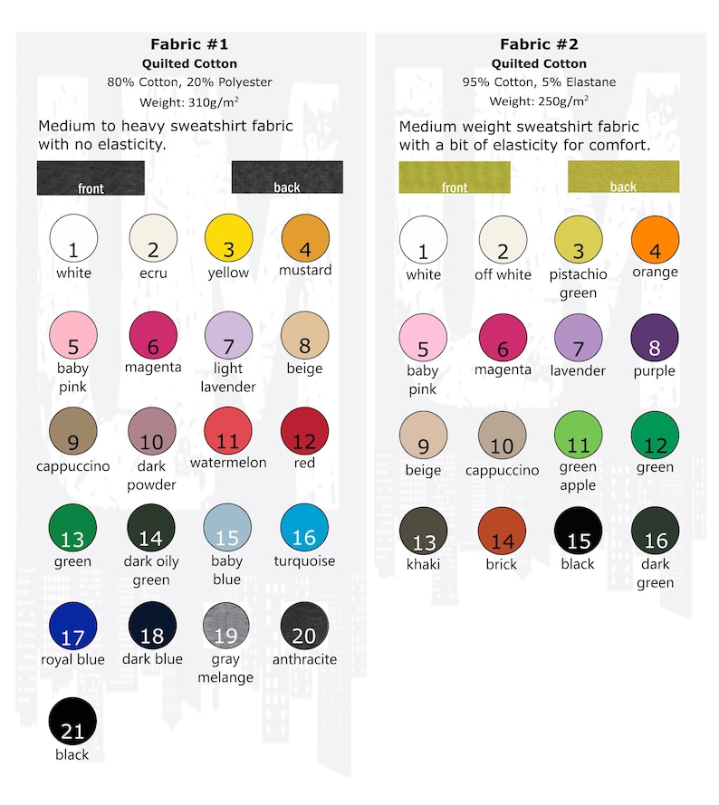 May include: A color chart showing 21 different fabric colors for quilting cotton. The chart is divided into two sections, labeled "Fabric #1" and "Fabric #2". Each section has a description of the fabric's composition and weight. The colors are arranged in a grid with numbers 1 through 21.