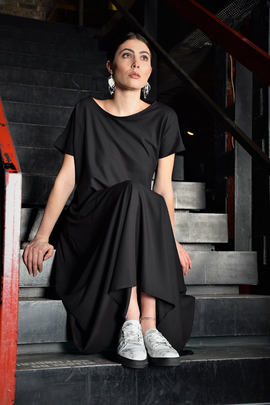 Black Maxi dress, Long loose dress, Wide Black dress, Short sleeved dress, cocktail dress, party dress,maternity by UrbanMood - UM-075-VL Black Maxi dress, Long loose dress, Wide Black dress, Short sleeved dress, cocktail dress, party dress,maternity by UrbanMood - UM-075-VL