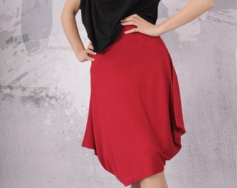 Knee Length Skirt, Red Skirt, Asymmetric Skirt,Skirt, Extravagant skirt,Women Skirt,Midi Skirt,Elastic Waist Skirt, UrbanMood - CO-BEBA2-VL