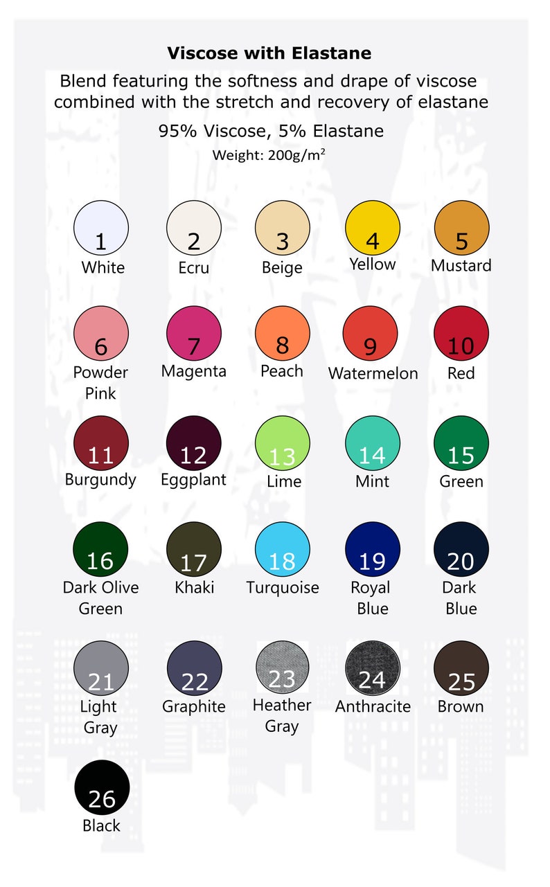 May include: Color chart with 26 different colors, numbered 1 through 26. The colors are arranged in a grid pattern. The colors include white, ecru, beige, yellow, mustard, powder pink, magenta, peach, watermelon, red, burgundy, eggplant, lime, mint, green, dark olive green, khaki, turquoise, royal blue, dark blue, light gray, graphite, heather gray, anthracite, brown, and black.