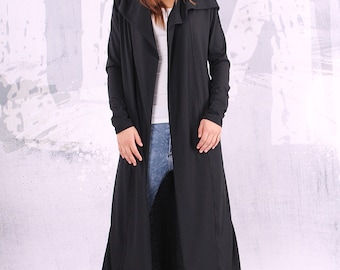 Extra long black asymmetrical hooded vest with long sleeves and slits - C001