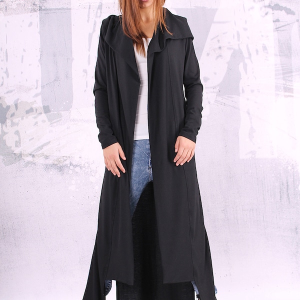 Extra long black asymmetrical hooded vest with long sleeves and slits - C001