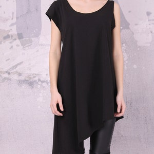 Asymmetrical black tunic top with one short sleeve, loose tunic, tank top - UM-021-VL