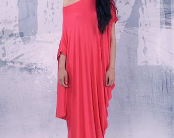 Robe longue asymétrique ample corail à manches courtes / robe grande taille / robe tunique surdimensionnée / robe tunique longue / - UM-029-VL