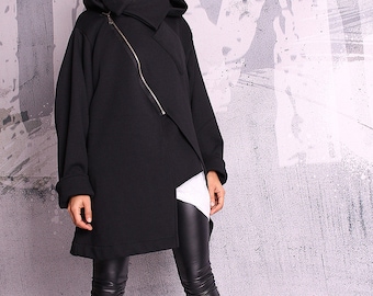 Hoodie coat, Women Jacket,Autumn coat, Extravagant black coat, quilted cotton jacket, black sweatshirt, black blazer, hood - UM-050-QC