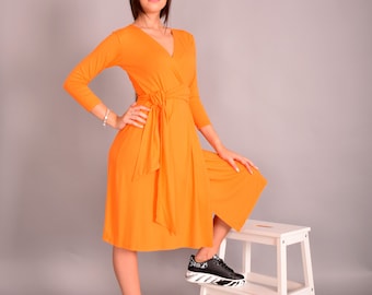 Bright Orange Wrap Dress with 3/4 Sleeves, UM326VL