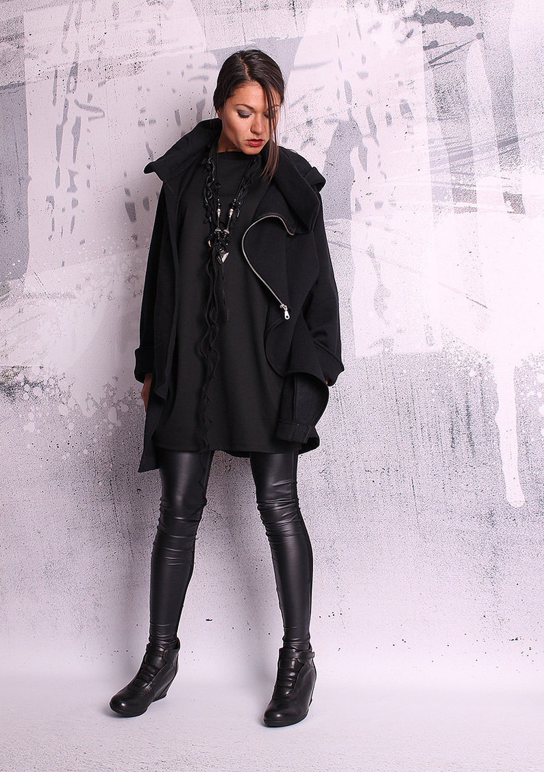Extravagant black coat, quilted cotton jacket, black sweatshirt, black blazer, hoodie,cotton coat, jacket with hood, loose fit UM-050-QC image 4