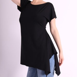 Tunic. Black blouse. Asymmetrical long tunic. Plus size tunic. Plus size blouse. Short sleeves top by UrbanMood. CO-HANA2-VL