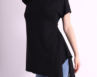 Tunic. Black blouse. Asymmetrical long tunic. Plus size tunic. Plus size blouse. Short sleeves top by UrbanMood. CO-HANA2-VL