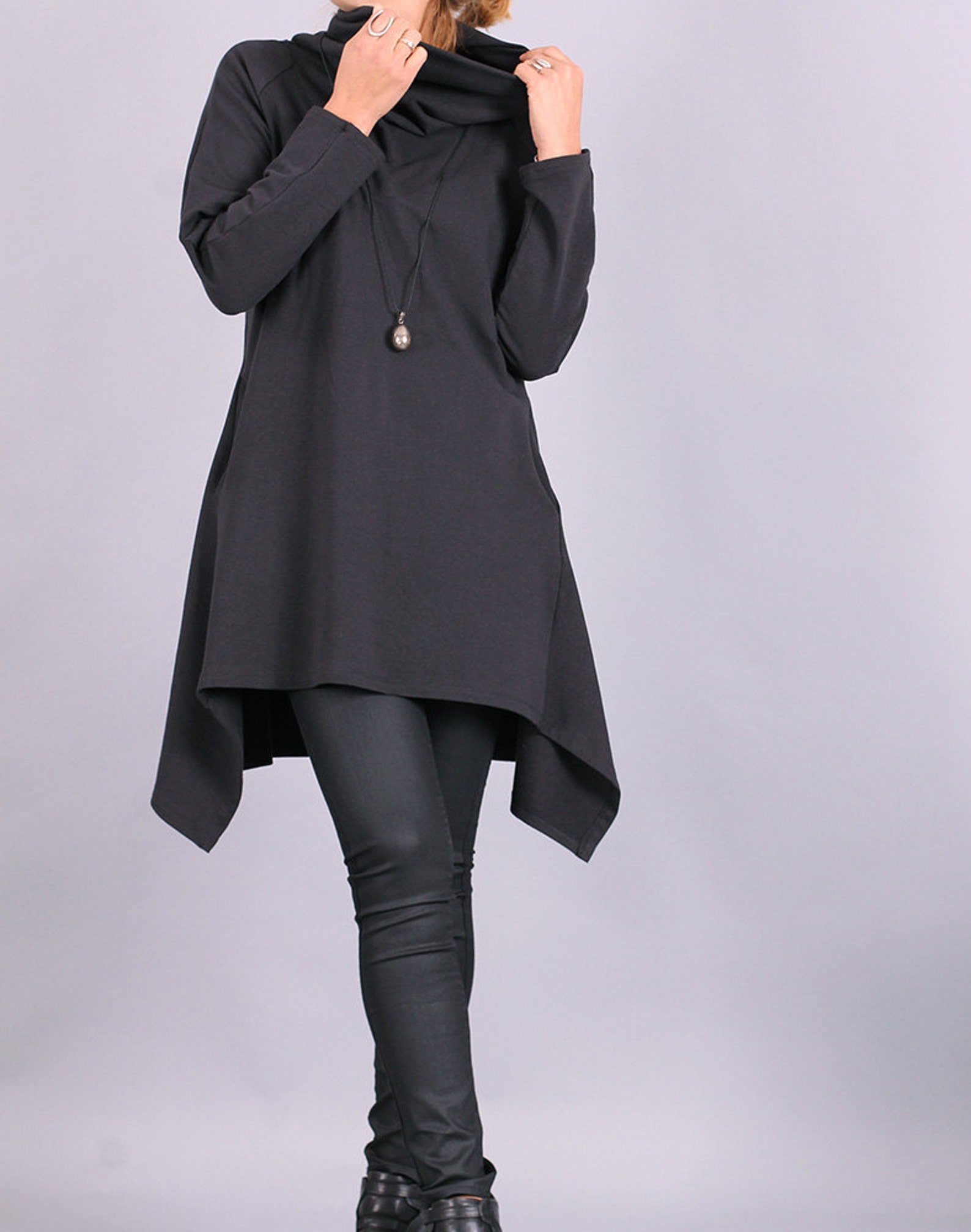 Grey Stripe Cream Plaid Sleeve Raglan Tunic with Elbow Patch_Plus main image 0