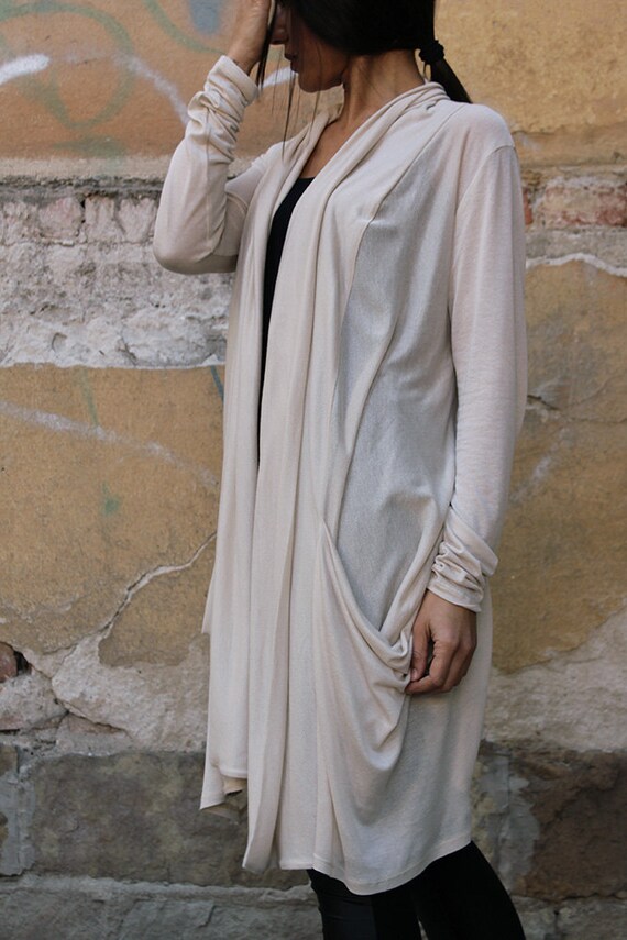 Cotton Cardigan,asymmetric Top,beige Vest,long Sleeved Top