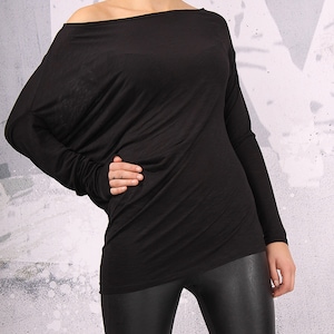 Chemisier asymétrique noir à manches longues, tunique tunique noire, haut noir - UM-FL002-FL
