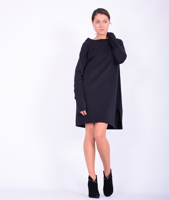 knee length dresses for ladies Cozy Black Sweatshirt Mini Dress