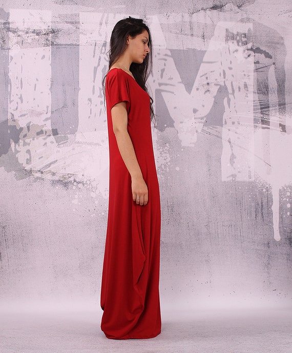 Red loose long dress, long dress, maxi dress, Red short sleeved dress - UM-037-VL