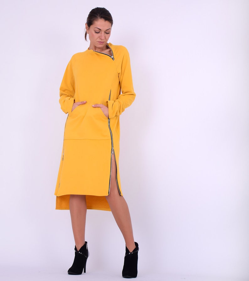 Sweatshirt dress.Women dress.Yellow cotton dress.Dress with zippers.Long sleeved dress.Knee length dress.Autumn winter dress.Dresses 275QC image 1