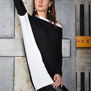 Top, Black top, extravagant tunic top, asymmetric tunic top, plus size tunic top, Black and white top, white top - UM-076-VL