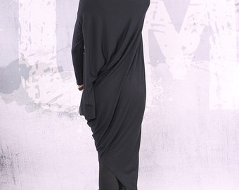 Black maxi dress, asymmetrical tunic dress, plus size tunic, oversized dress, long sleeved dress,maxi dress, long  wide dress - UM-CL002-VL