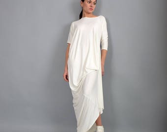 Off white dress, Maxi Dress,Loose fit dress, Long Dress, Elbow sleeves dress, Asymmetric dress, Woman dress,Irregular Dress, UM238VL