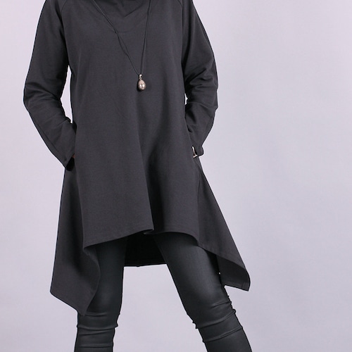 Woman Tunic, Long Sleeve Tunic Dress, Asymmetrical Tunic, Gray Melange Tunic, Elegant Cotton Tunic