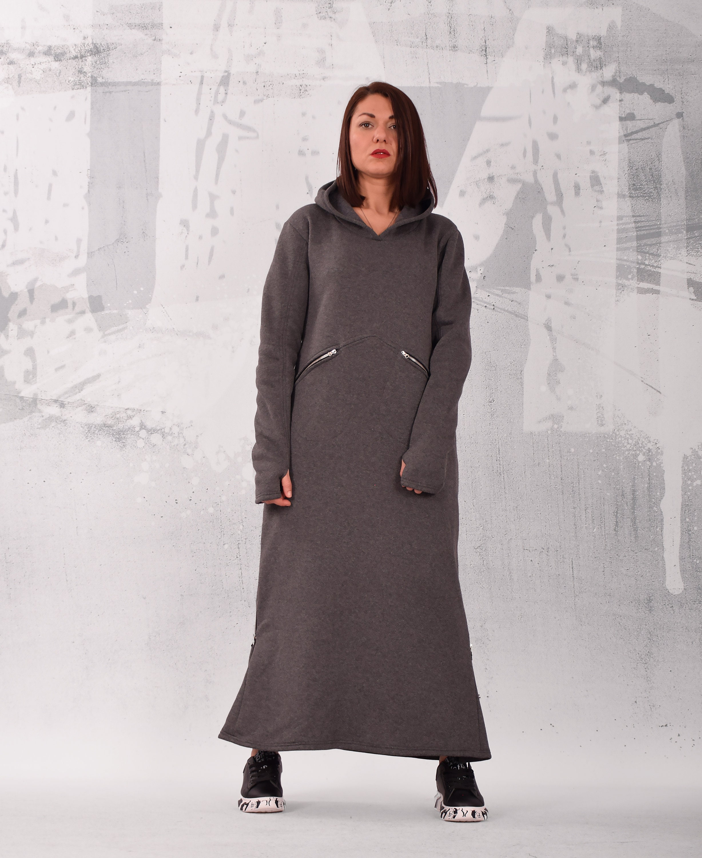 Women Casual Fleece Sweatshirt Dress Autumn Winter Warm Hoodie Pullover  Loose Long Maxi Dress Plus Size