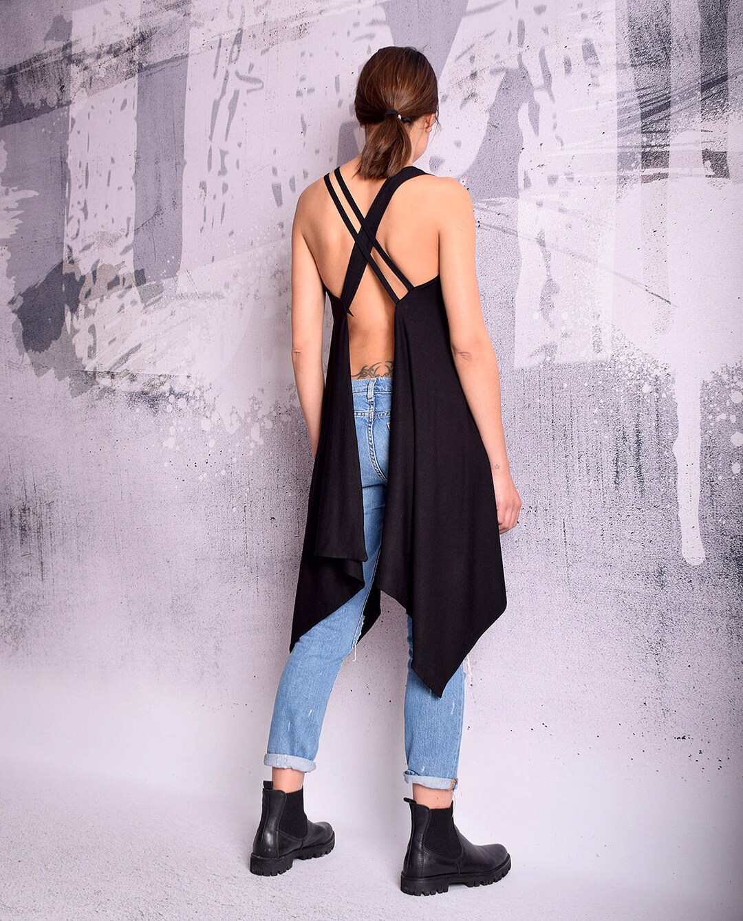 Black Top, Black Tank, Tunic Top, Open Back Top, Summer Top, Asymmetric ...