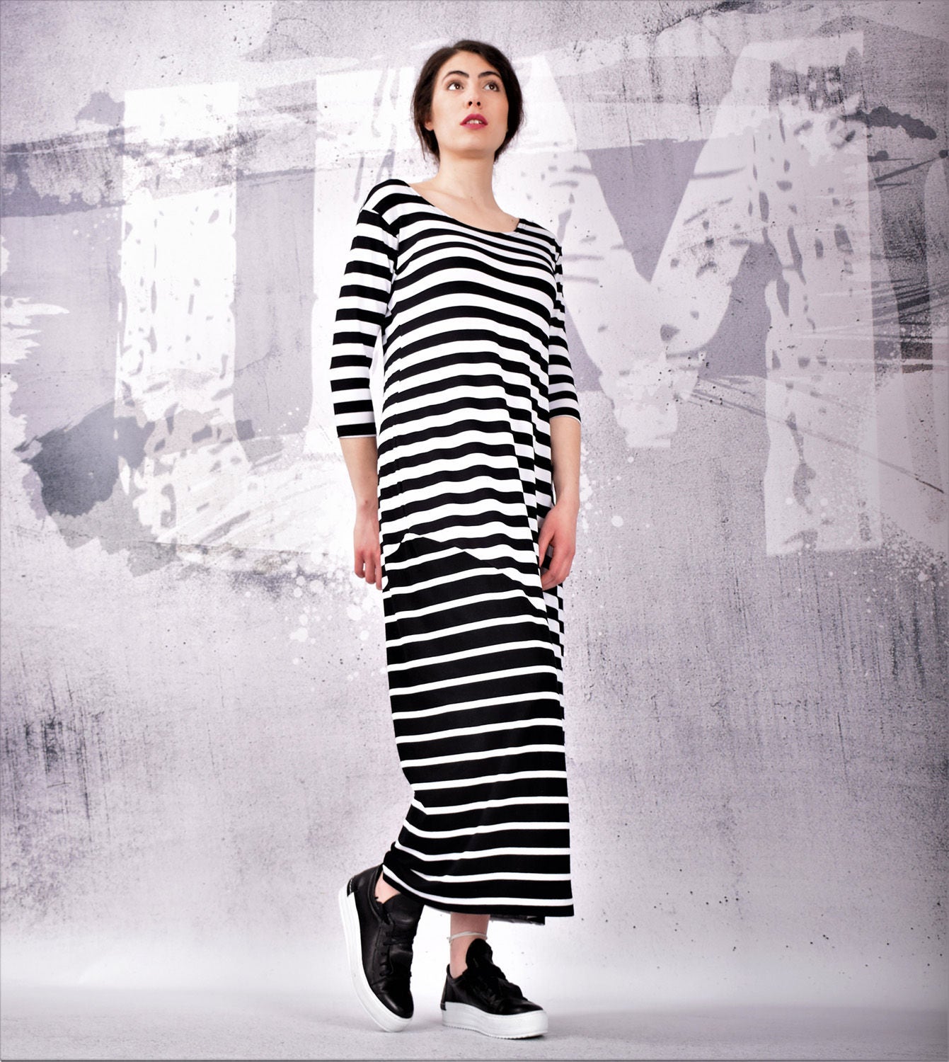 black and white striped maxi dress with sleeves