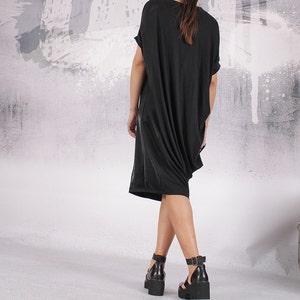 Dress, Black loose knee length dress, asymmetric dress, long top, loose tunic, short sleeved dress by UrbanMood - FP-036B-VL