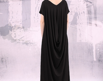 Black maxi dress, extravagant asymmetrical loose dress - UM-043-VL