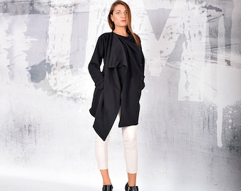 Women coat,Black coat, cotton coat, Sweatshirt jacket, Woman Blazer, Asymmetric Coat, Loose Coat, Oversize coat, urbanmood - Um-206-QC
