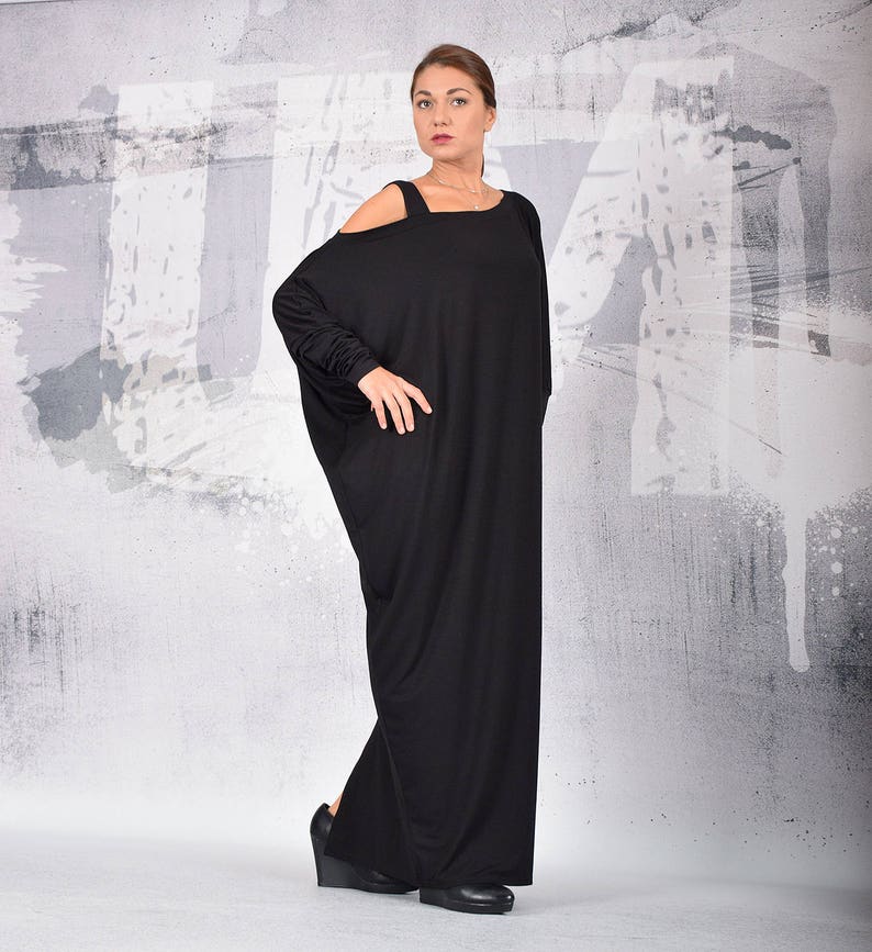 Black long dress, loose dress, maxi dress, black dress, long sleeves dress, bare shoulder dress, asymmetric dress, plus size dress UM215VL image 4