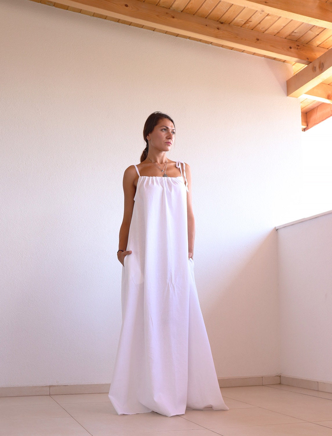 White Linen Dress, Sleeveless Dress, Maxi Dress, Long Dress, Baggy Dress, Linen Dress, Minimalist Dress, Loose Dress, UrbanMood - Um-253-LN