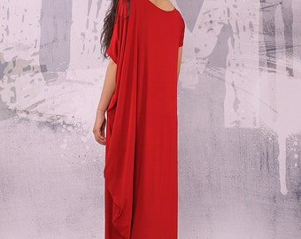 Maxi Dress, Red Dress, Extravagant Dress, Loose Dress, Long Dress, Asymmetric dress, Plus size Dress, Oversize Dress, urbanmood - UM-038-VL