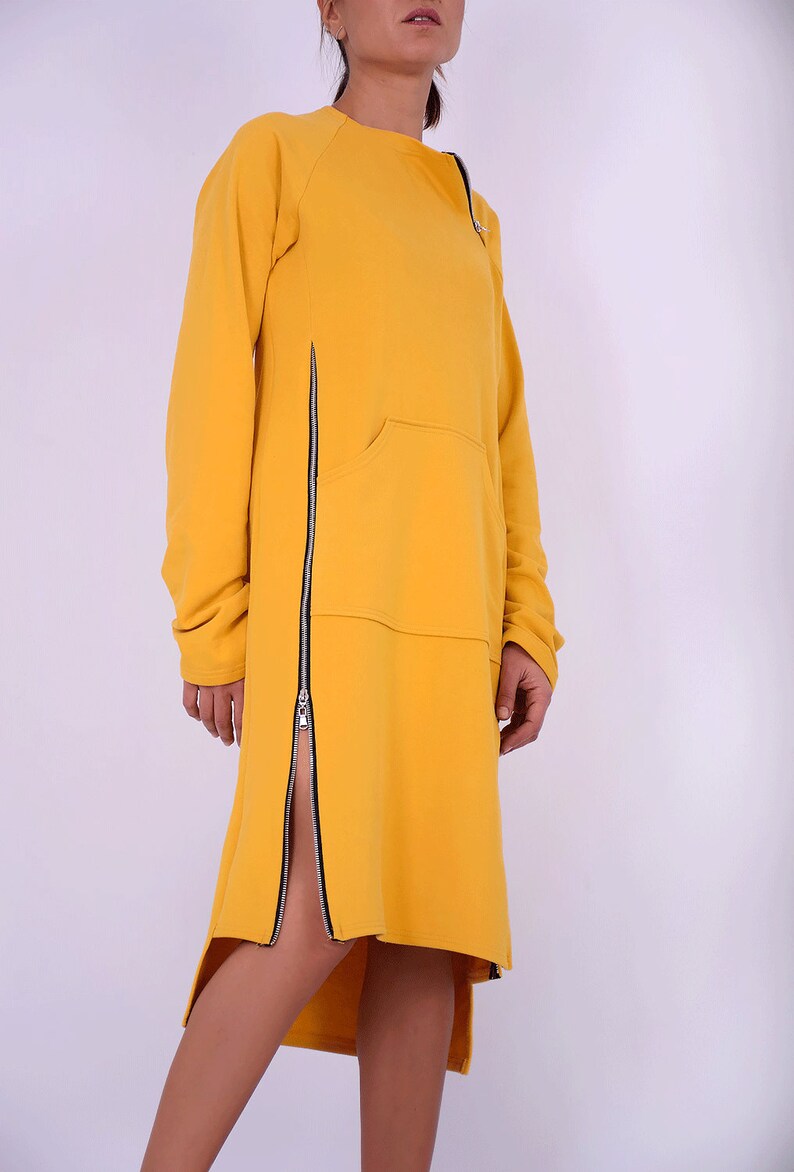 Sweatshirt dress.Women dress.Yellow cotton dress.Dress with zippers.Long sleeved dress.Knee length dress.Autumn winter dress.Dresses 275QC image 8