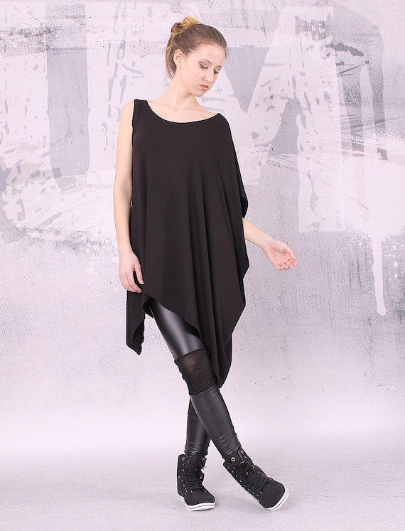 Asymmetrical Black Tunic Top With One Sleeve. Plus Size Tunic