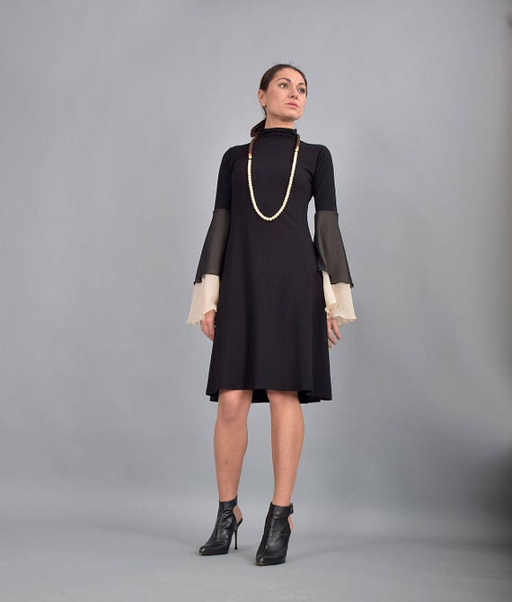 Little Black dress. Plus size. Knee length dress. Midi dress. Woman dress. Chiffon sleeves. A-line dress. Turtleneck dress. UM-220-VLCH