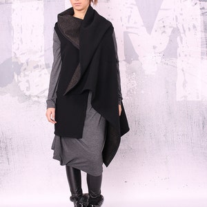 Extravagant asymmetrical sleeveless black coat, sleeveless vest, wool sleeveless vest - UM-013-WO